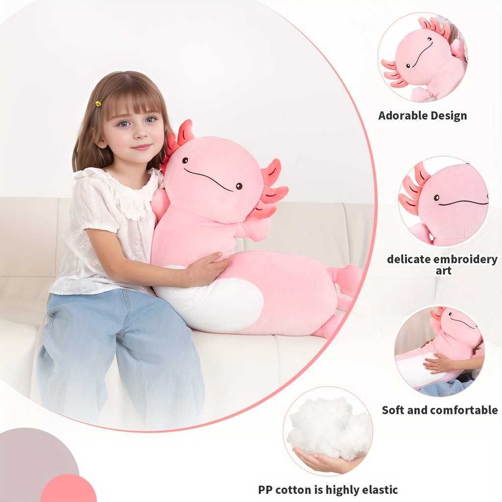 Pilou de corps en peluche long et mignon de 36 pouces pour axolotl rose - Grand jouet en peluche squishy, cadeau doux et câlin pour les jeunes et les amies le jour de leur anniversaire, le jour de l'amitié ou les occasions spéciales