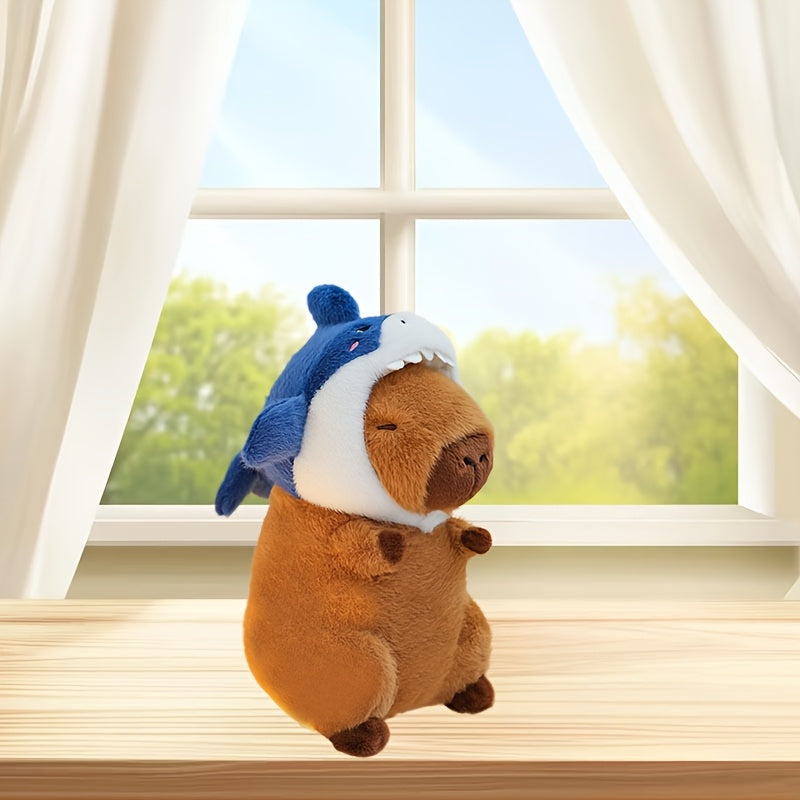 Adorable Coussin Peluche Capybara Requin - Poupée Sirène Douce et Mignonne avec Chapeau de Requin Bleu, Corps Marron & Oreilles Blanches, Cadeau Parfait pour Couples ou Anniversaires, Décoration de Canapé & Pièce, Accessoires Sirène, Design Fantaisiste